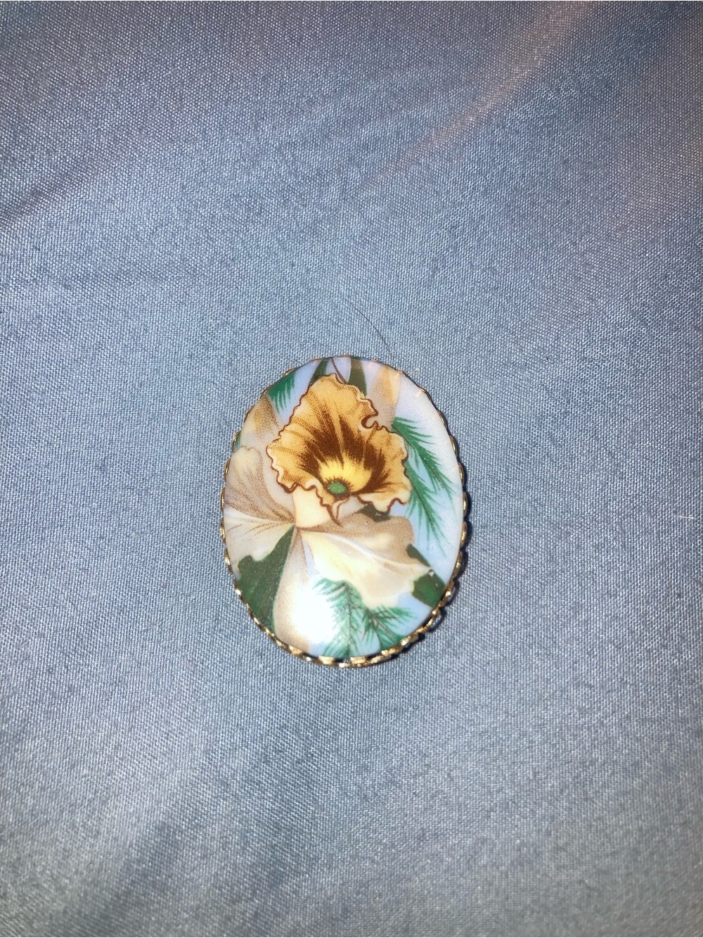 Vintage Floral Porcelain Oval Brooch - Yellow & Green Flower